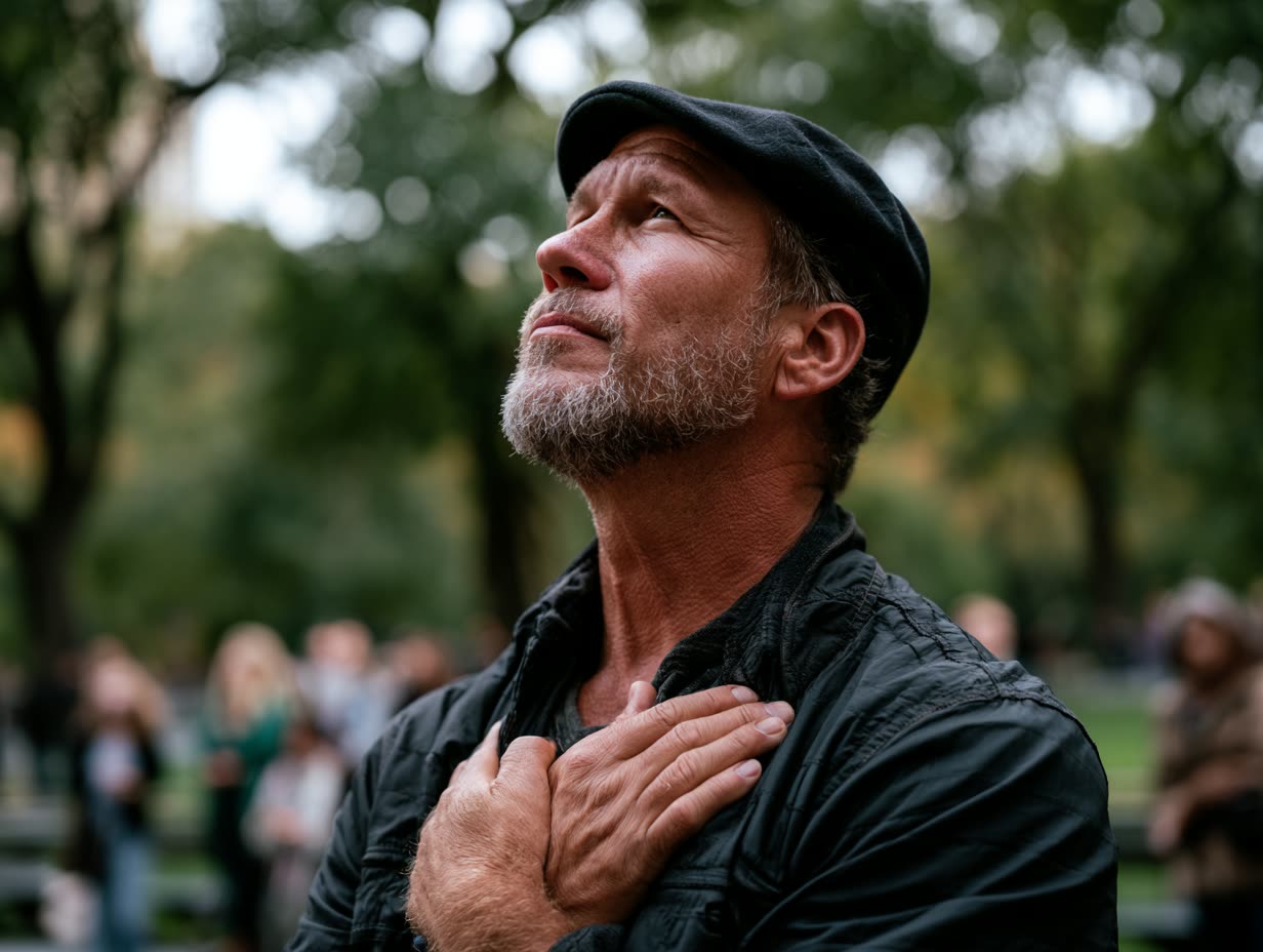 A man with his hand on his heart, looking up